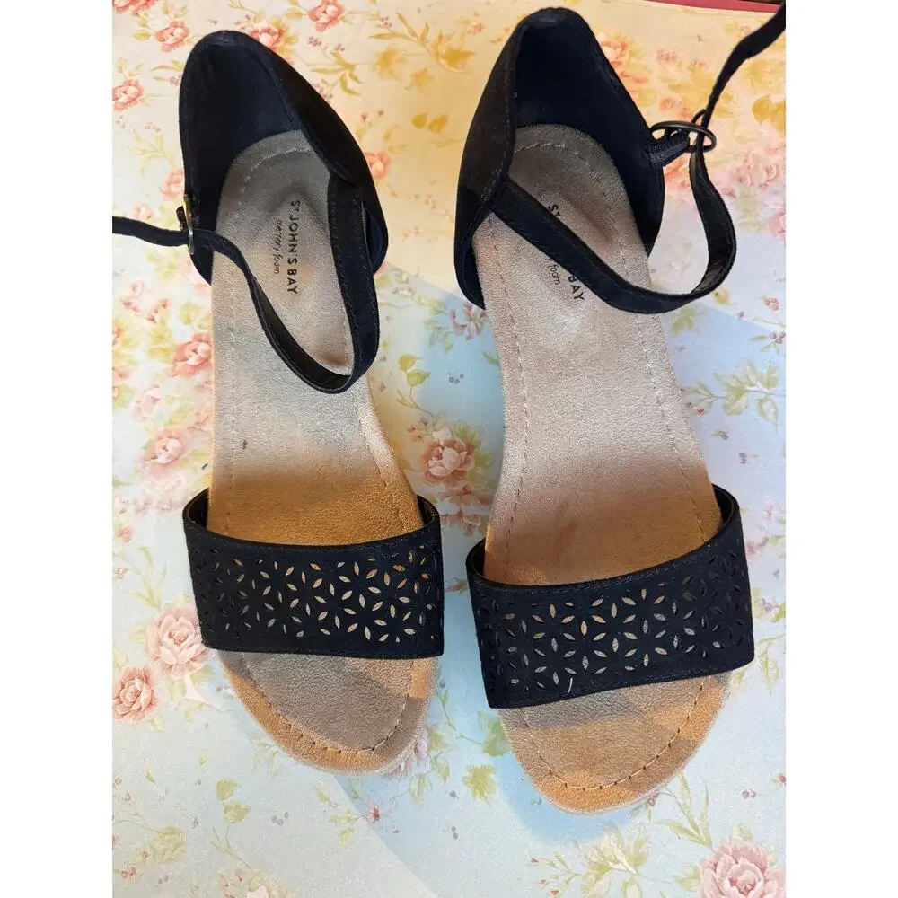 St. John’s Bay Black Cork Wedge Sandals 6.5 Memory Foam Cutout Ankle Strap